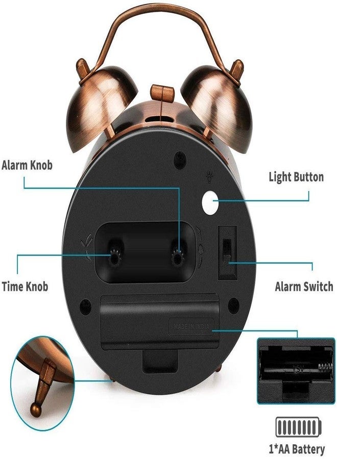 DPISZONE Vintage Twin Bell Copper Table Alarm Clock with Night Led Light for Heavy Sleepers, Kids/Students/Bedroom (Size - 6.5X2.2X4.7 Inch) - Image 5